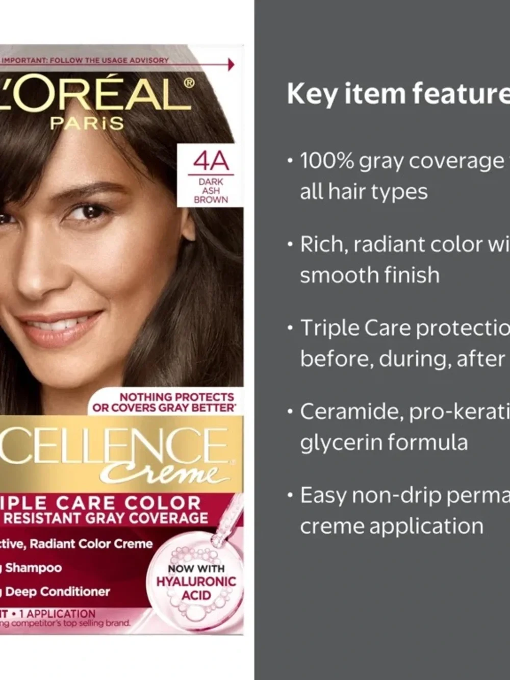 L'Oreal Paris Excellence Creme Triple Care Hair Color, 4A Dark Ash Brown, 1 Kit